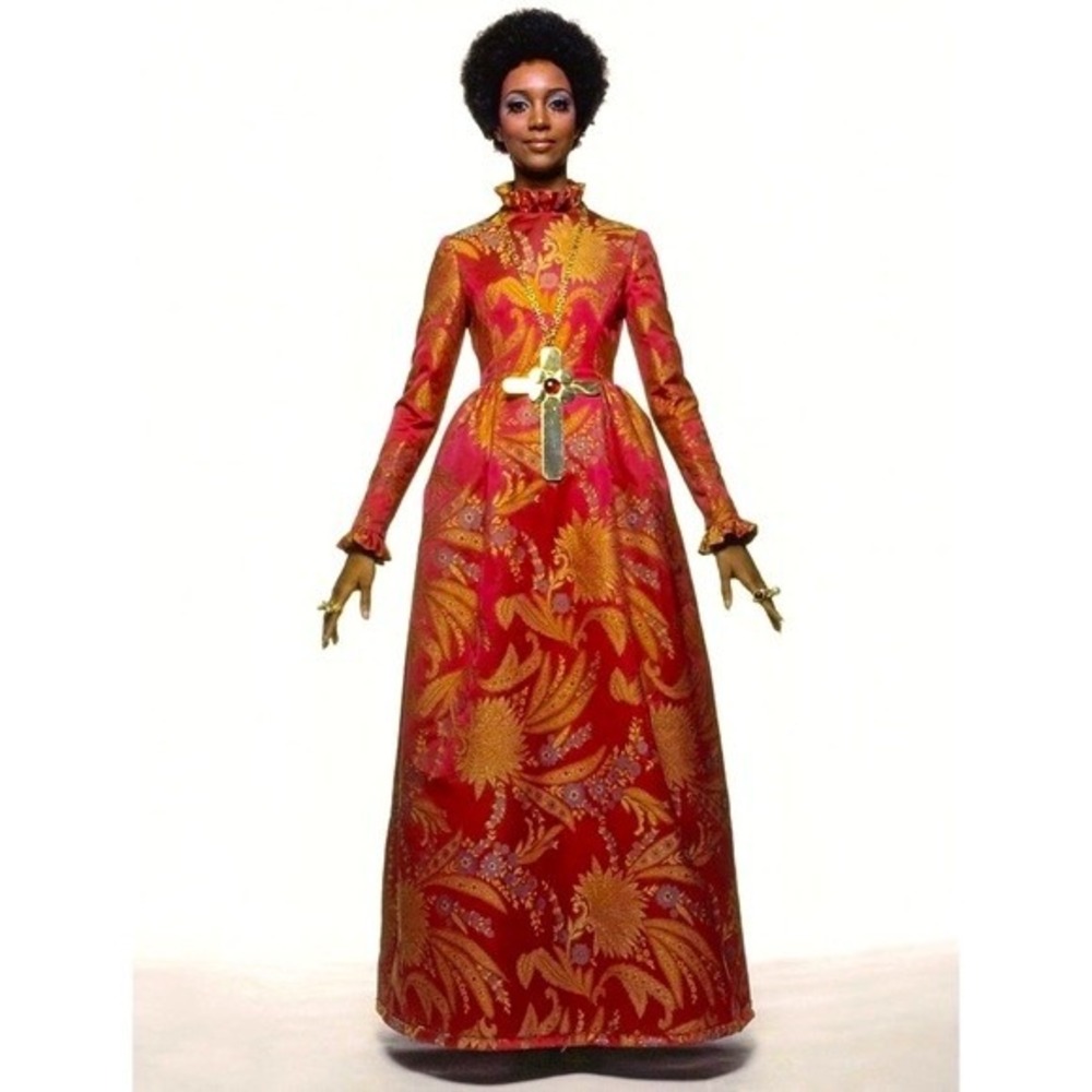 Mollie Parnis Vintage 60s Gown Red Gold Brocade‎ Maxi Dress Small Ruffle Neck